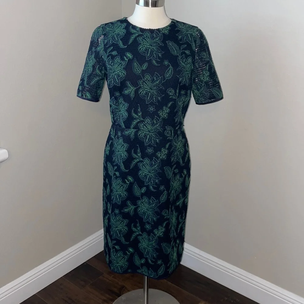 Tory Burch Black Lace Midi Dress with Green Floral Embroidery
